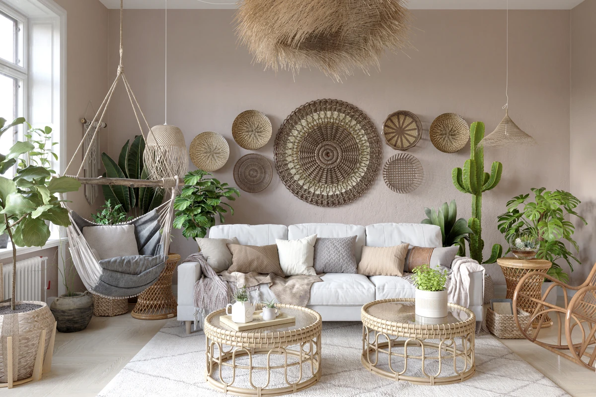 Boho living room visualization with a white sofa, woven wall decor, hanging chair and plants