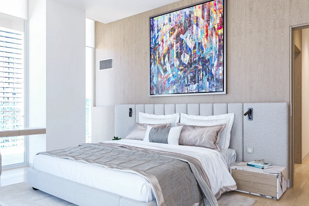 Bedroom visualization with an upholstered bed, pale wood walls and colorful artwork