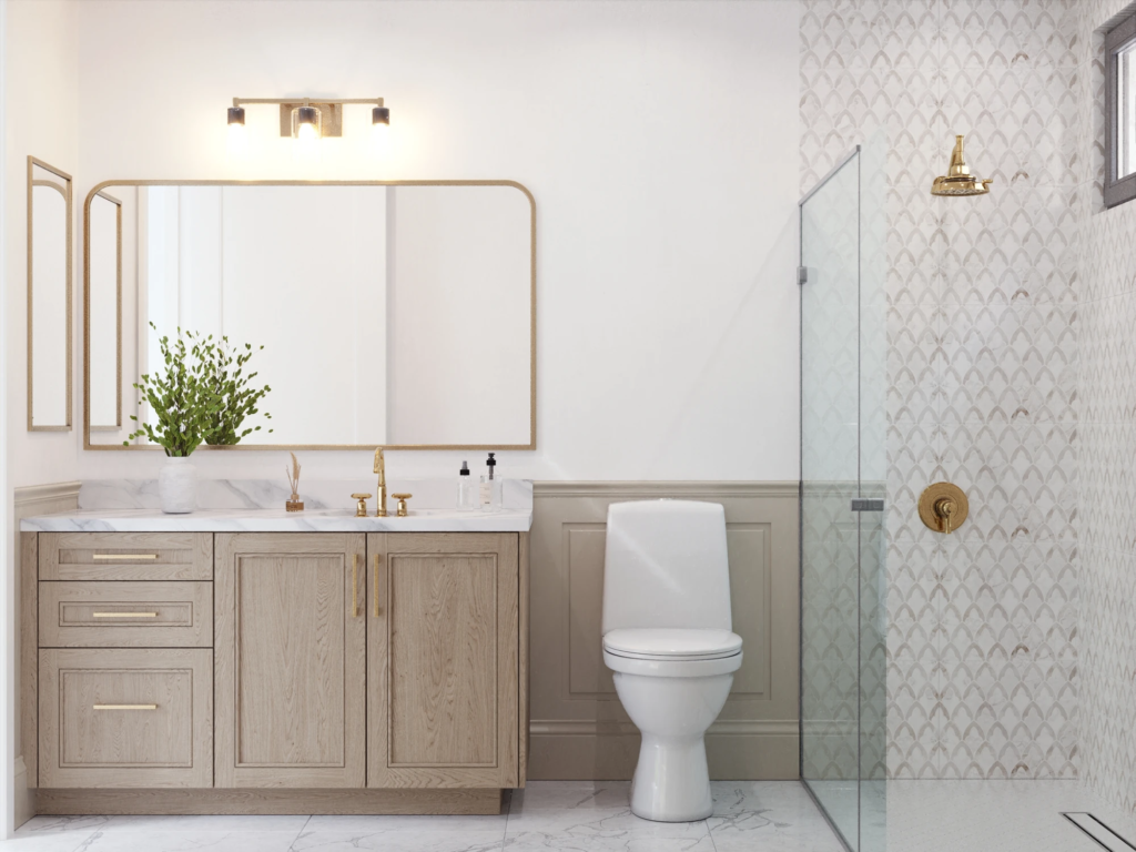 Bathroom Finish Options — finish option 1 with pale wood vanity and patterned shower tiles