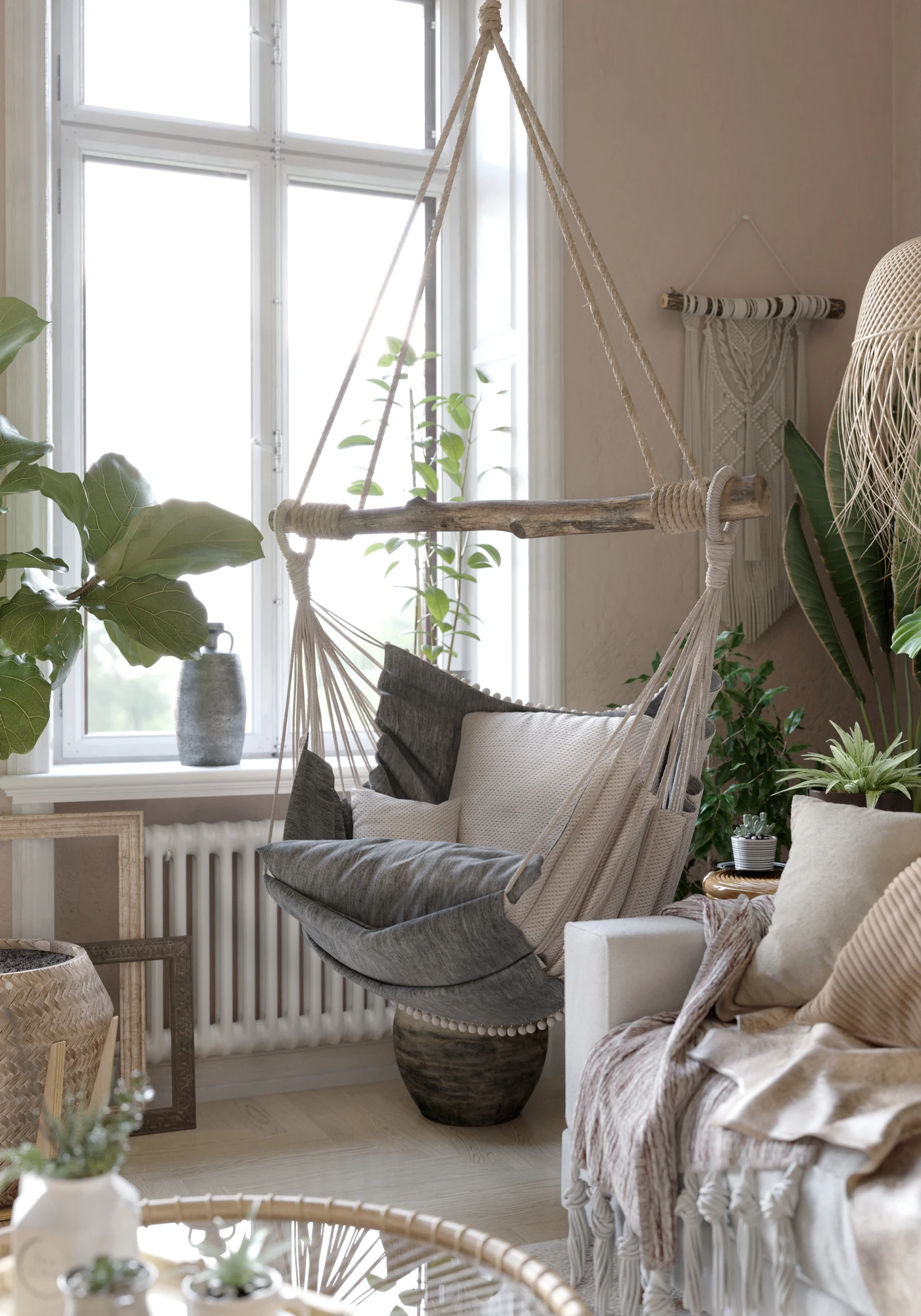 Hanging lounge chair beside a tall window in a plant-filled living room