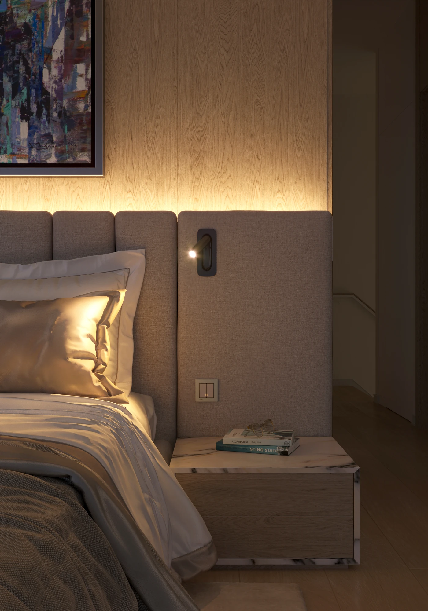 Contemporary Primary Suite — bedside detail with warm headboard lighting at night