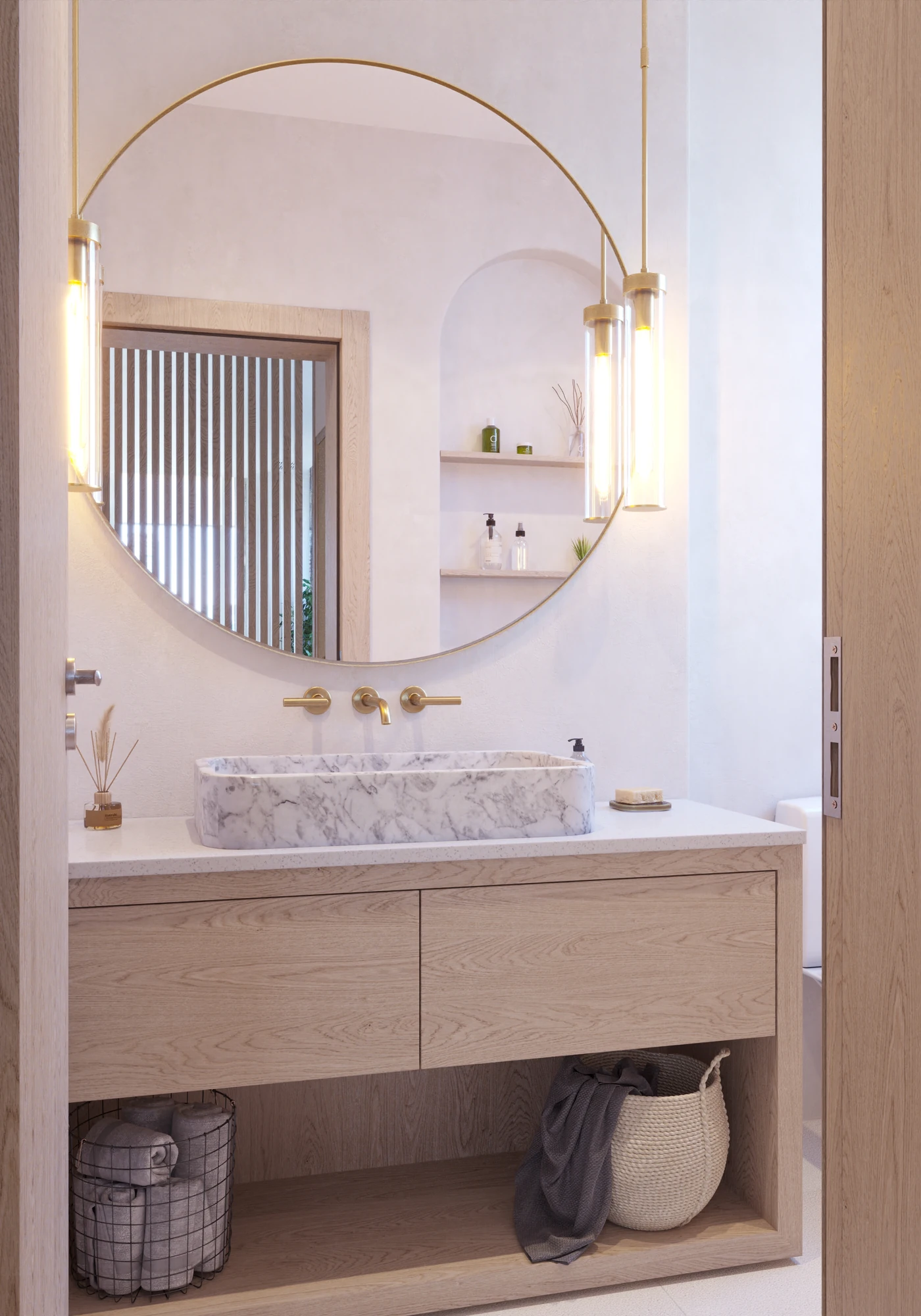 Contemporary Primary Suite — powder room with round mirror and rectangular stone basin
