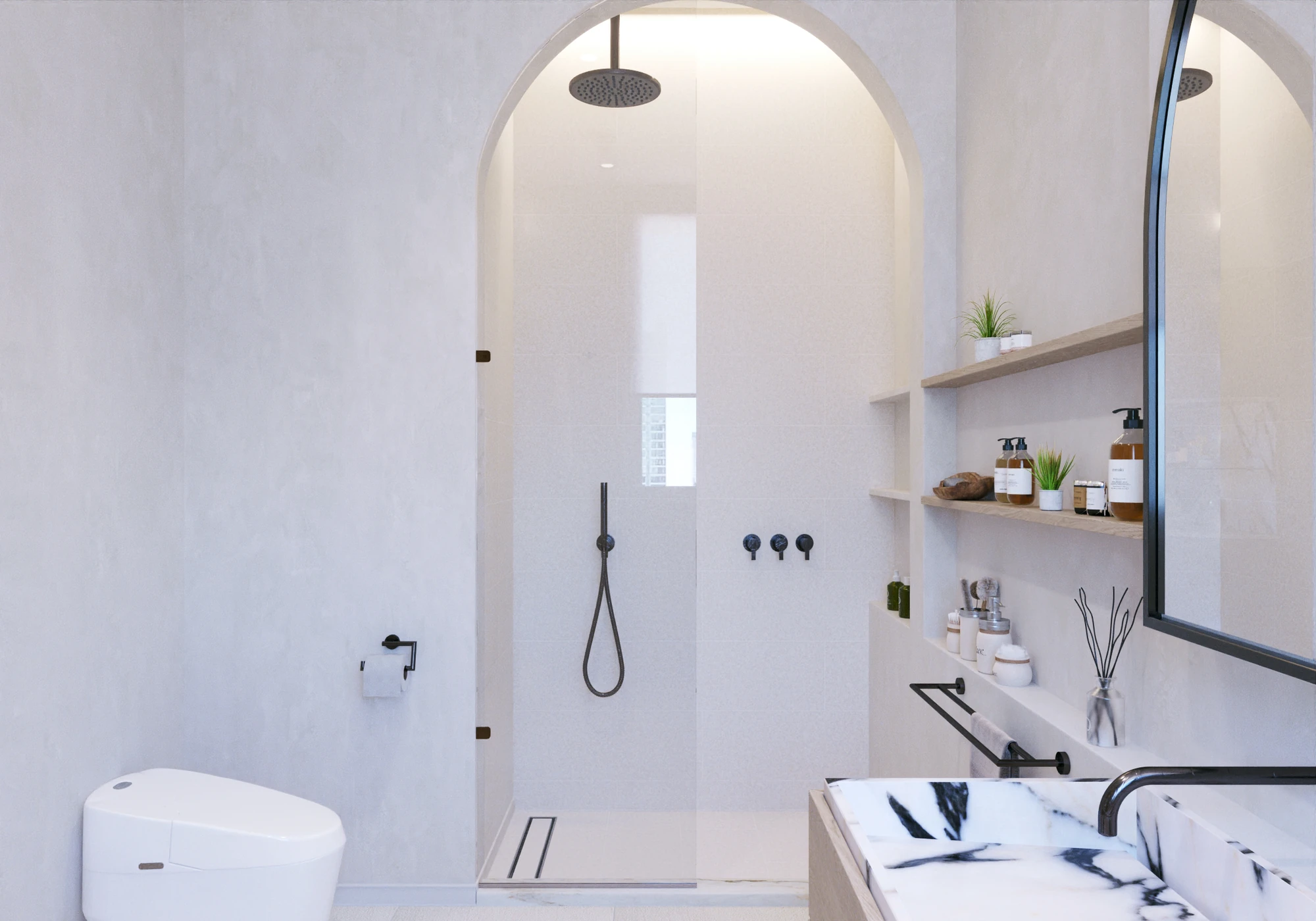 Contemporary Primary Suite — primary bathroom with arched shower opening and black fixtures