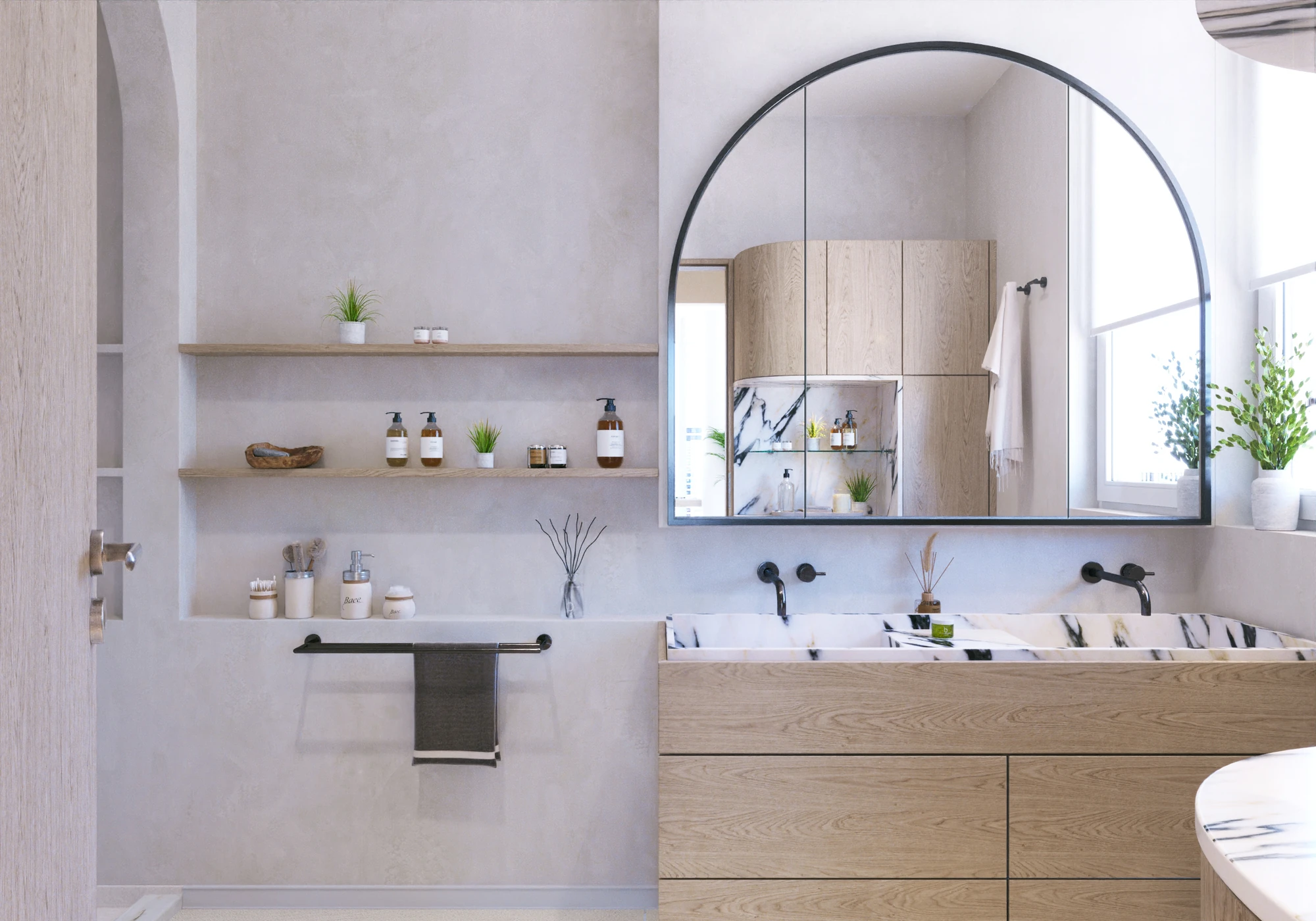 Contemporary Primary Suite — primary bathroom vanity with pale wood cabinets and arched mirror