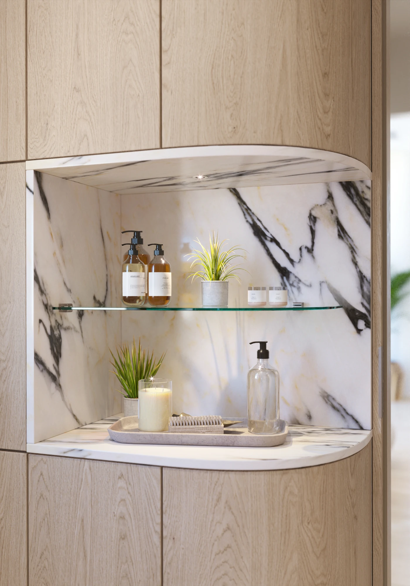Contemporary Primary Suite — marble-lined bathroom niche with glass shelf in daylight