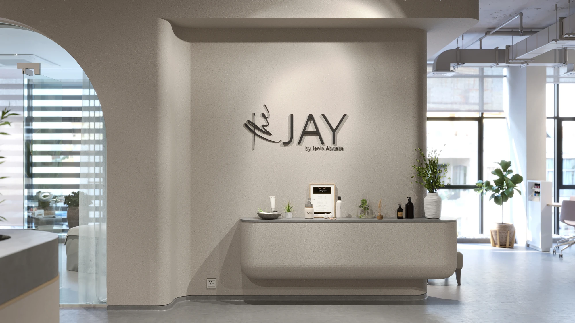 Curved Form Salon & Spa — reception with curved counter and arched opening