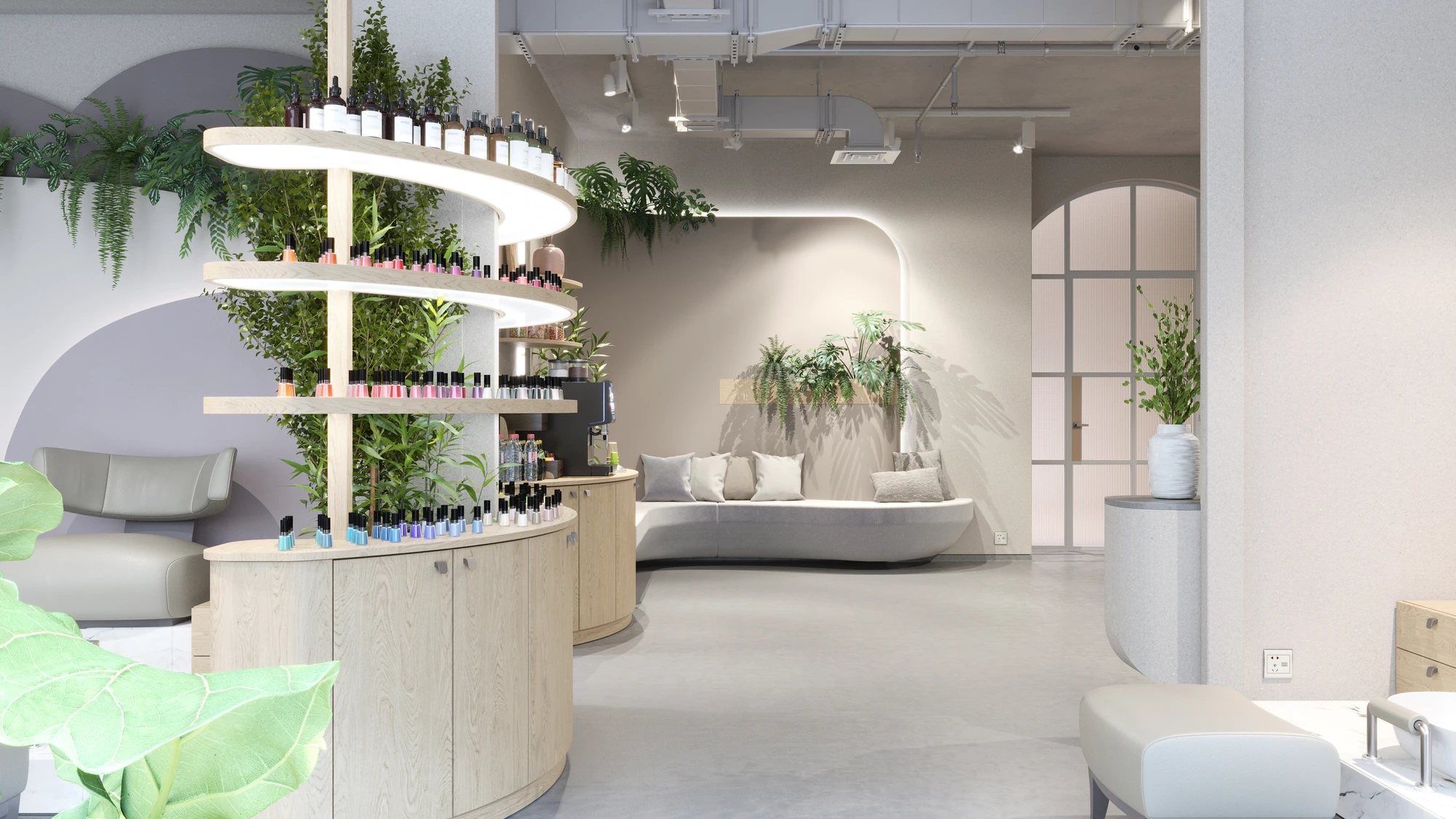Curved Form Salon & Spa — wide view of product shelves and curved lounge seating