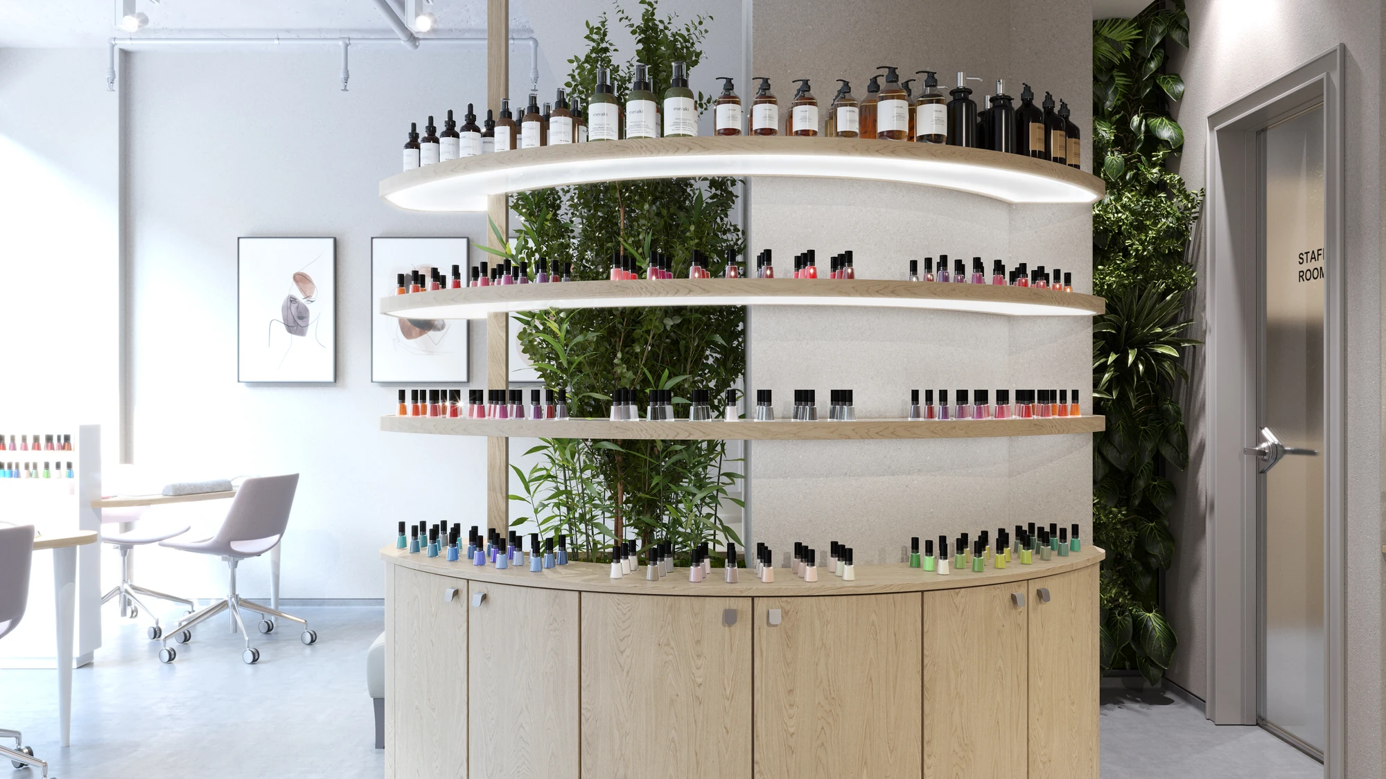 Curved Form Salon & Spa — curved product shelves above pale wood cabinets