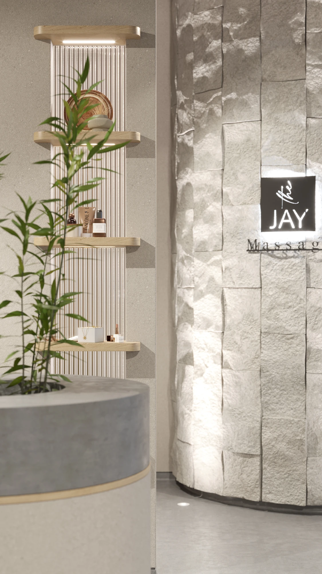 Curved Form Salon & Spa — reception detail with curved counter and illuminated stone column