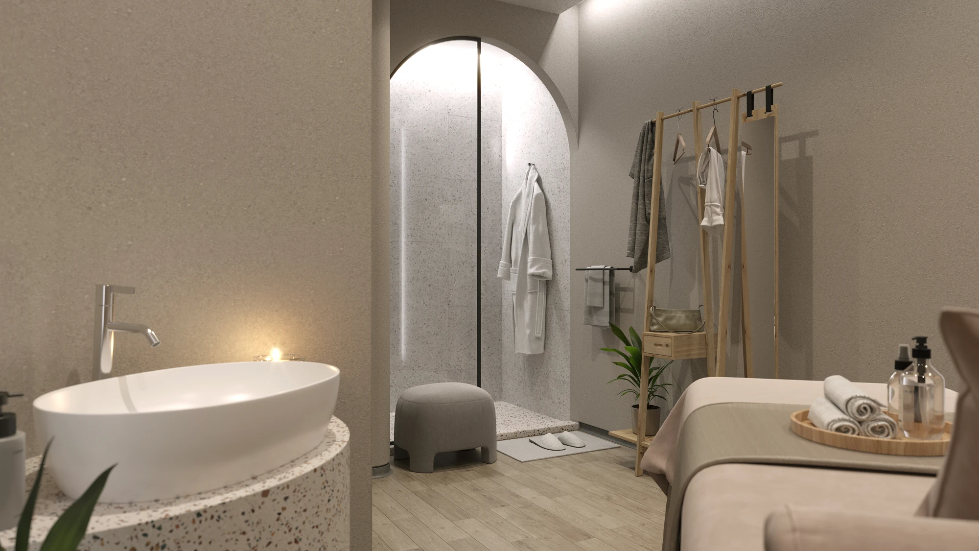 Curved Form Salon & Spa — treatment room with massage bed, vessel basin and arched shower
