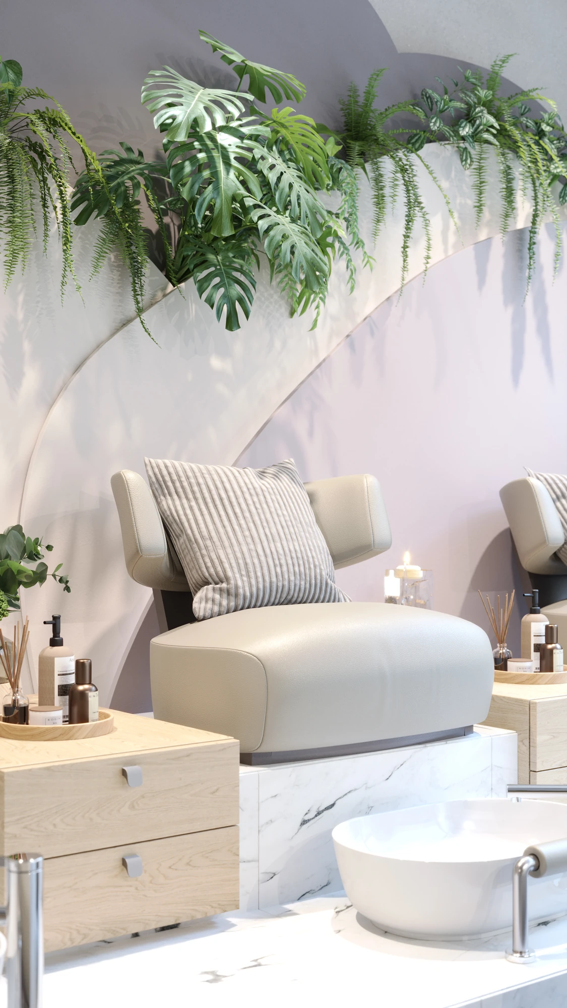 Curved Form Salon & Spa — pedicure chair and foot basin beneath hanging plants