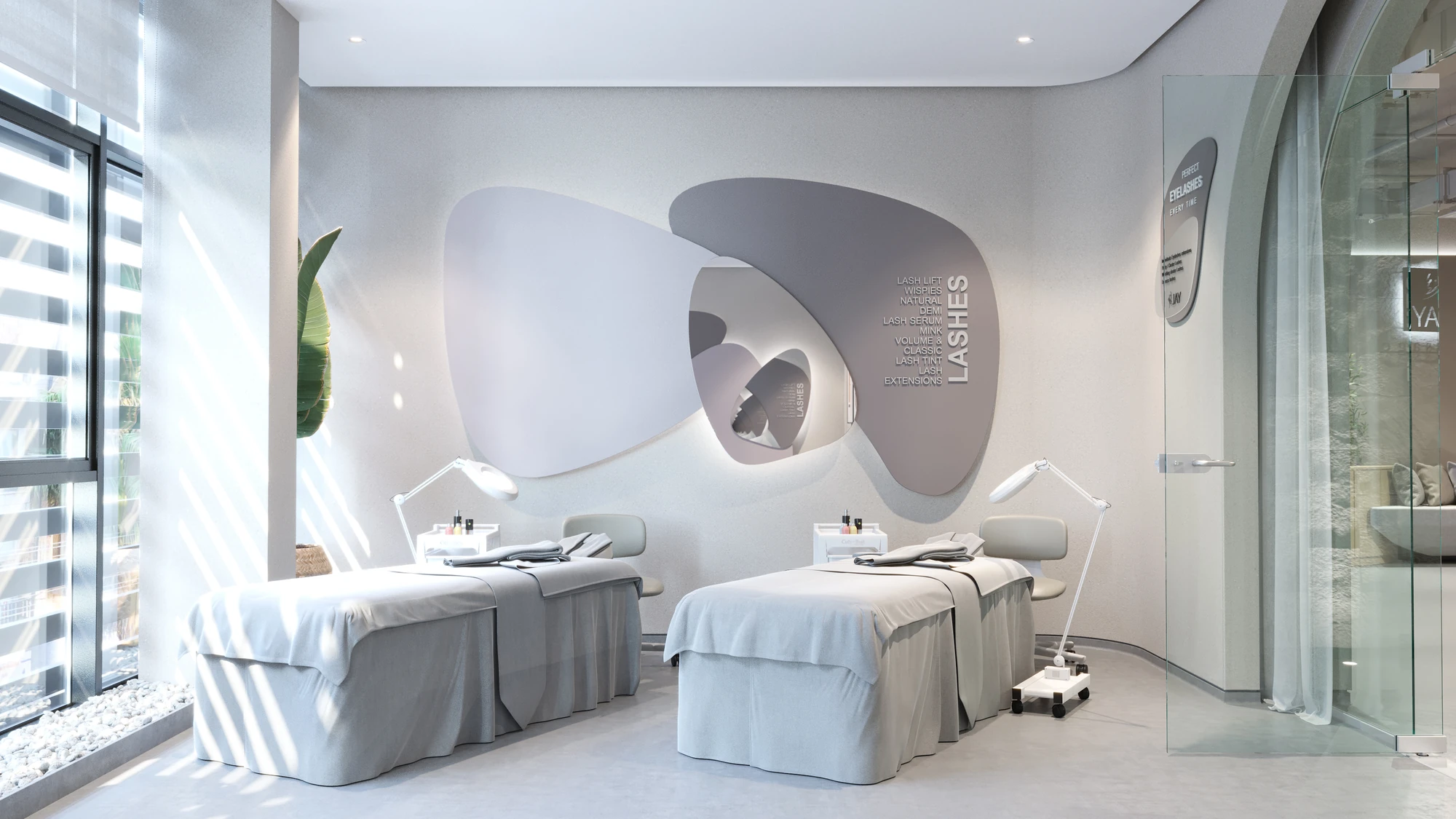 Curved Form Salon & Spa — daylit treatment room with two beds and abstract wall panels