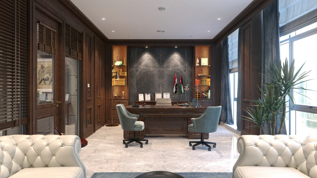 Executive Wood Office — wood-paneled office with executive desk and green guest chairs