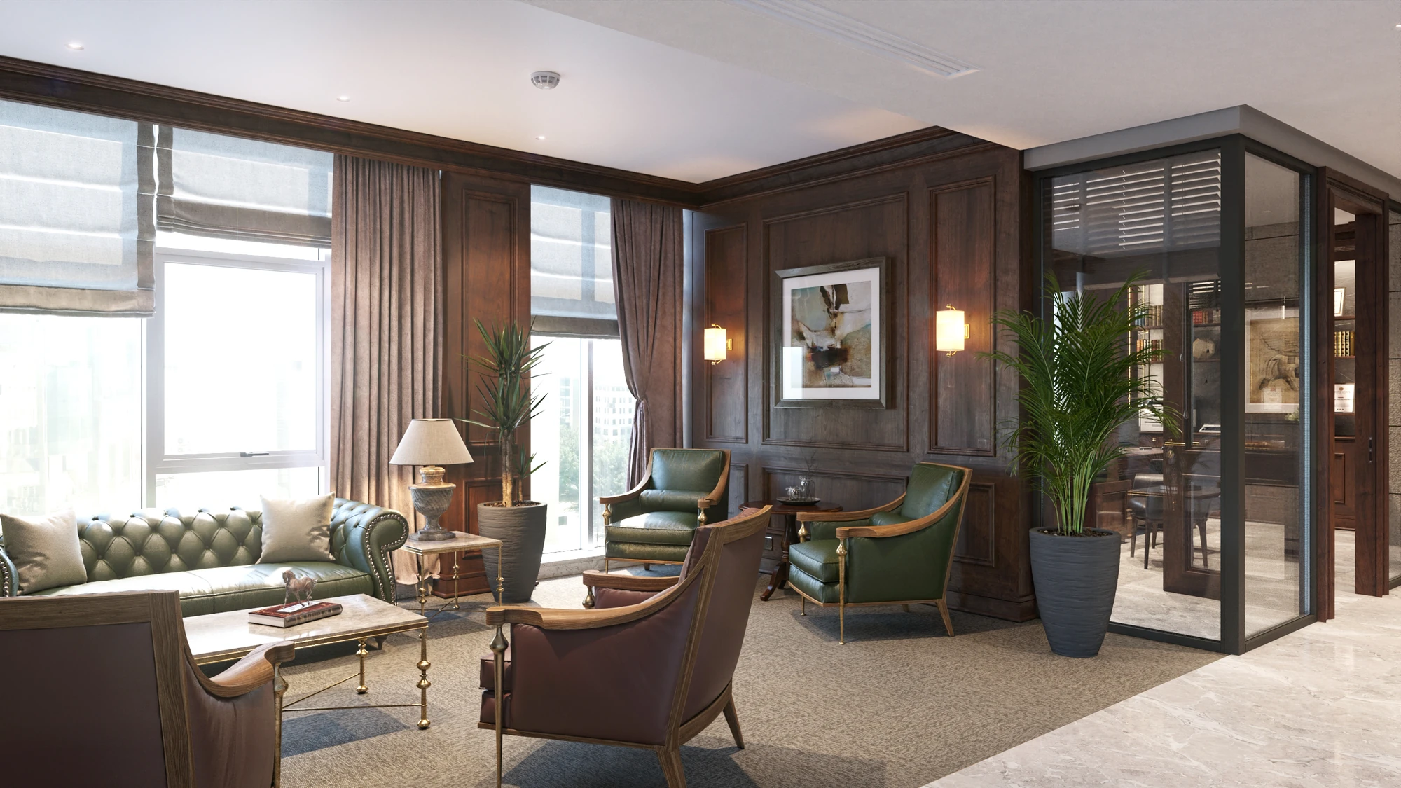 Executive Wood Office — lounge with tufted sofa, leather armchairs and glass partitions