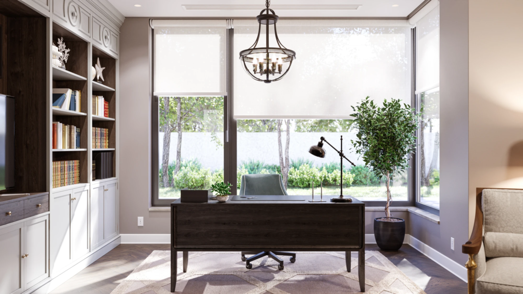 Garden-View Home Office — desk and built-in bookcases beside large garden-facing windows
