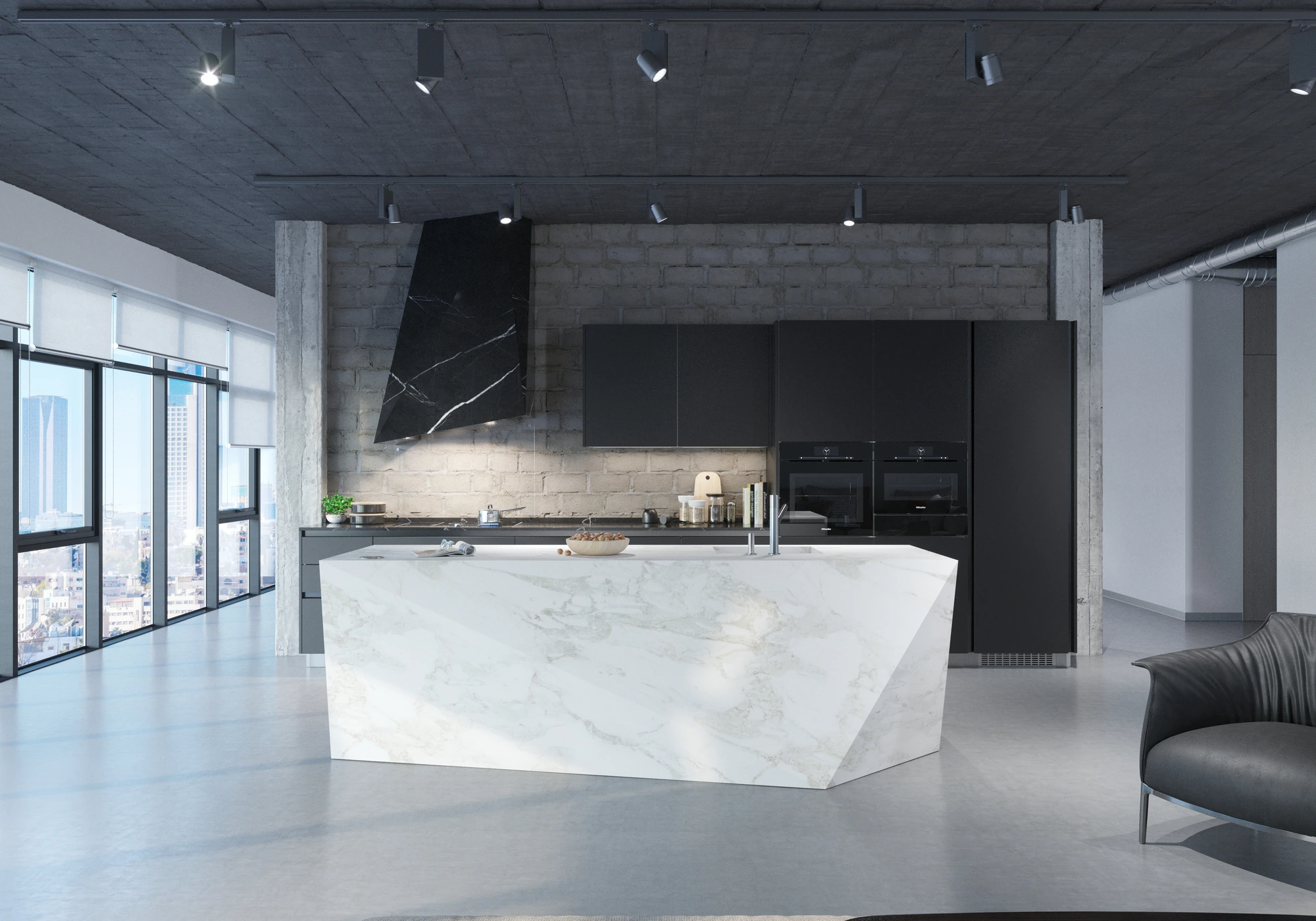 Industrial Marble-Island Kitchen — wide front view of faceted marble island and charcoal cabinetry