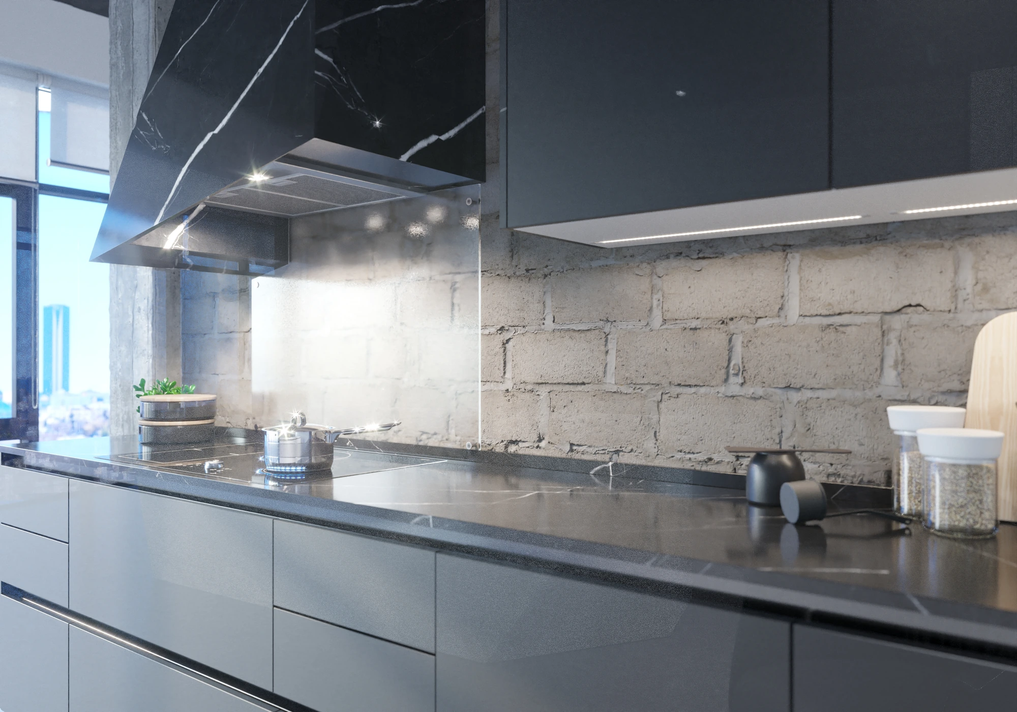 Industrial Marble-Island Kitchen — close view of charcoal cabinets, masonry backsplash and veined hood