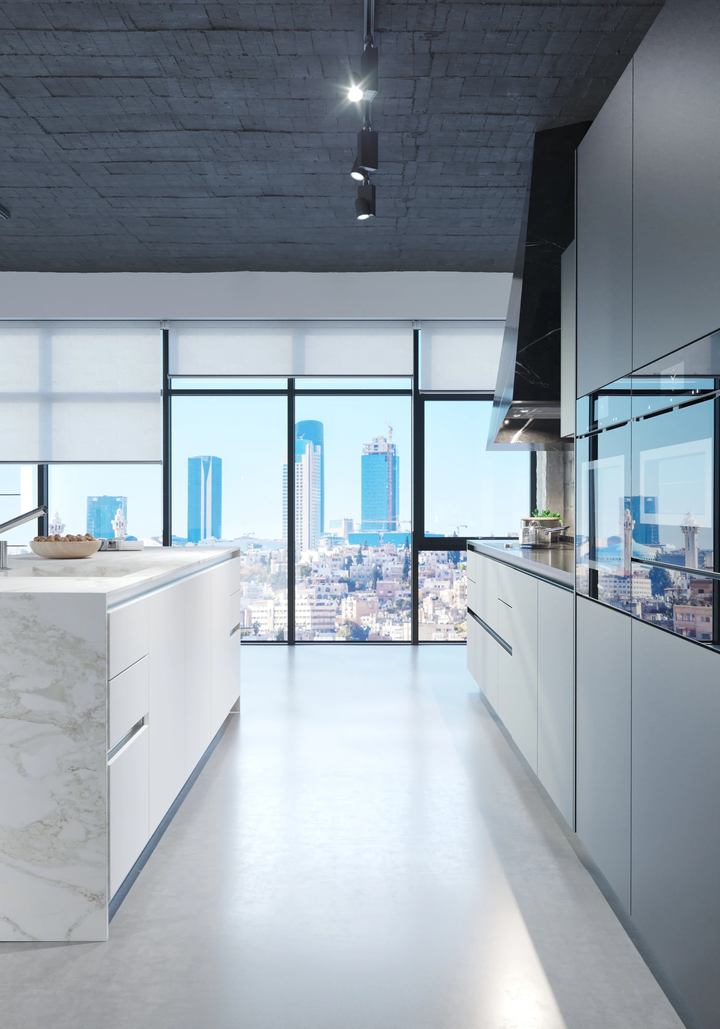 Industrial Marble-Island Kitchen — daylit aisle between marble island and ovens facing city windows