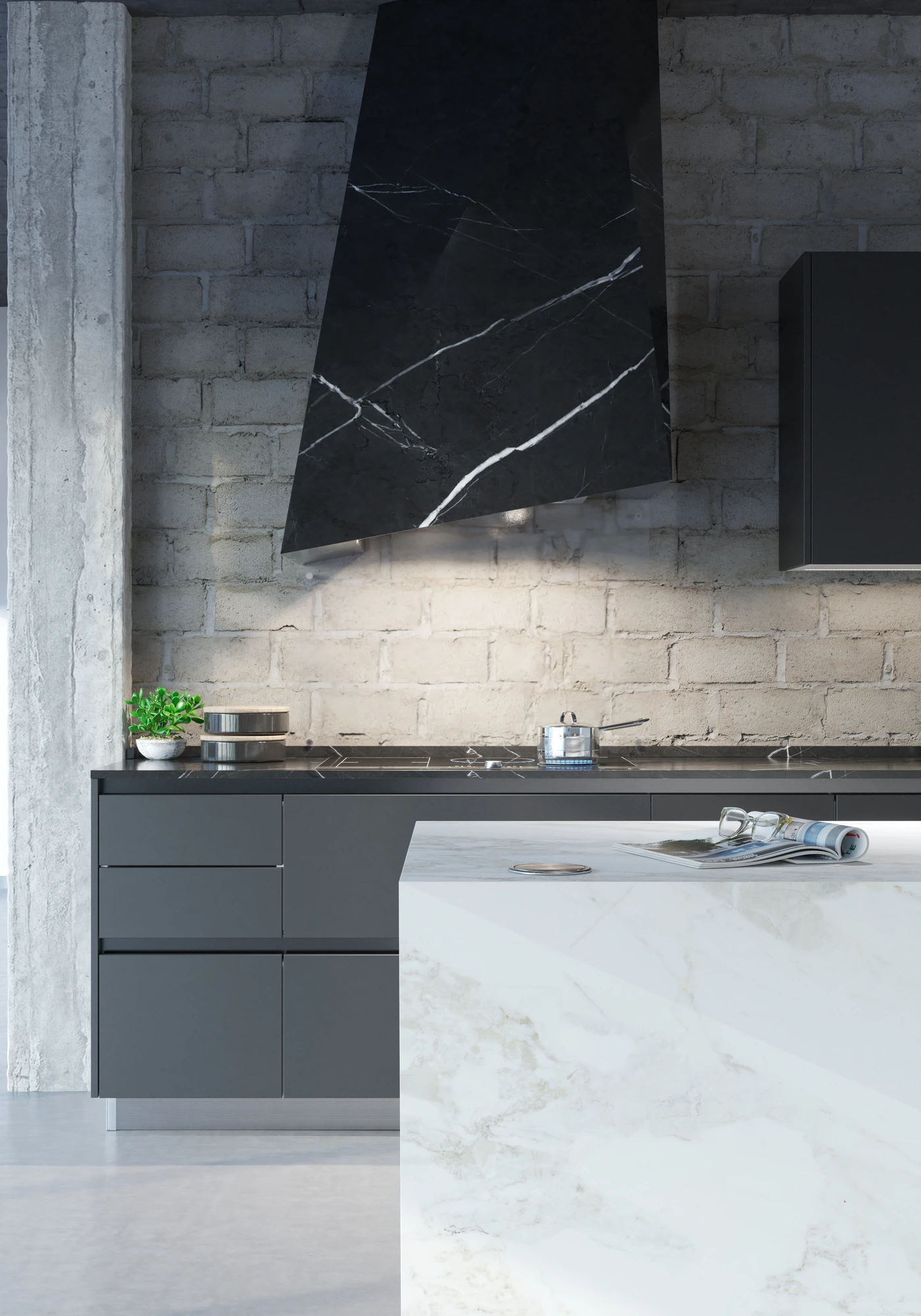 Industrial Marble-Island Kitchen — vertical detail of angular hood, exposed masonry and marble island