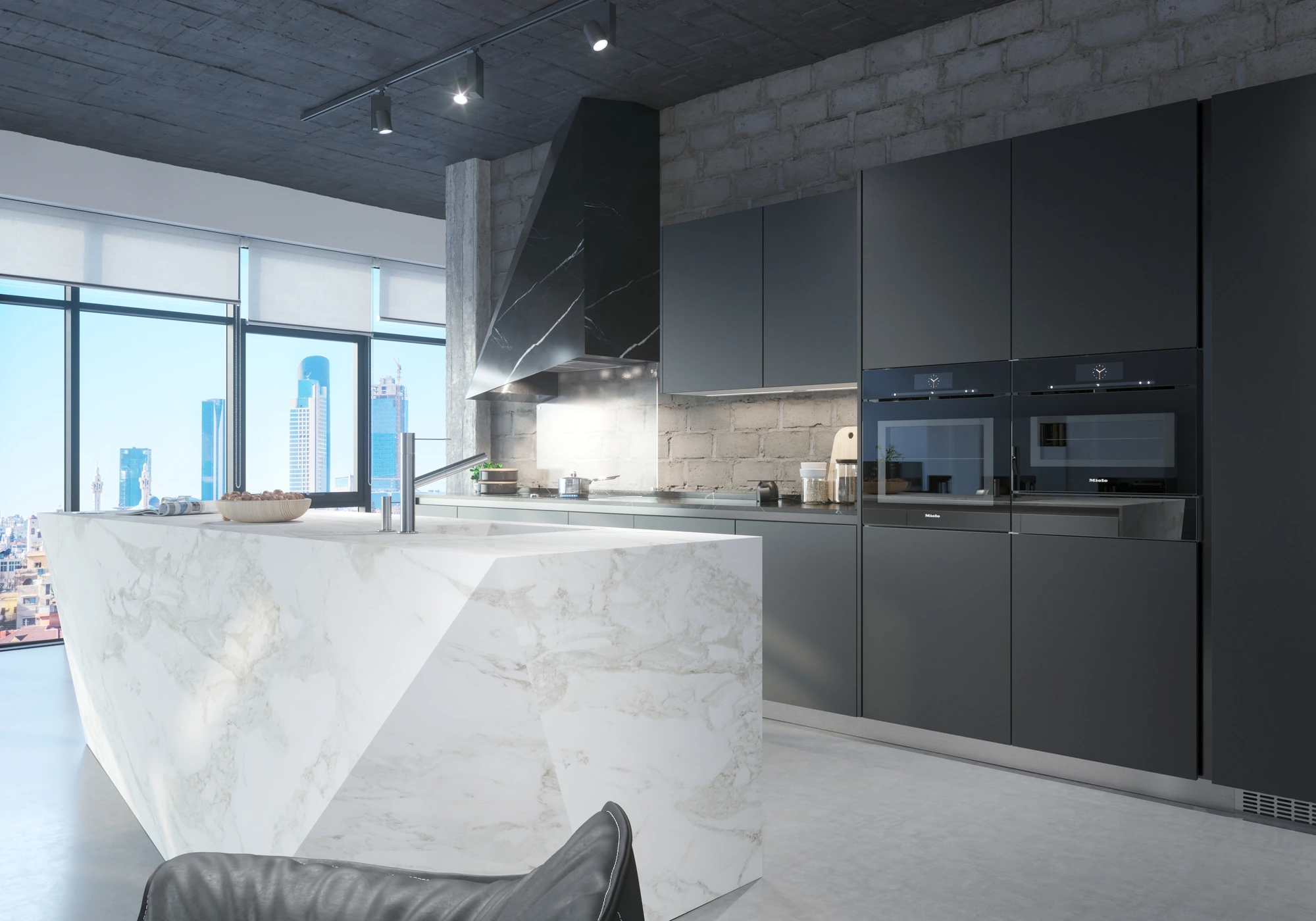 Industrial Marble-Island Kitchen — angled view of faceted marble island and integrated ovens