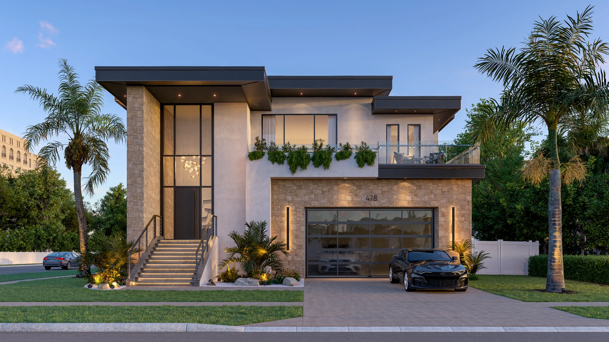 Layered Canopy Residence — front facade with double-height glass entry and lit stairway