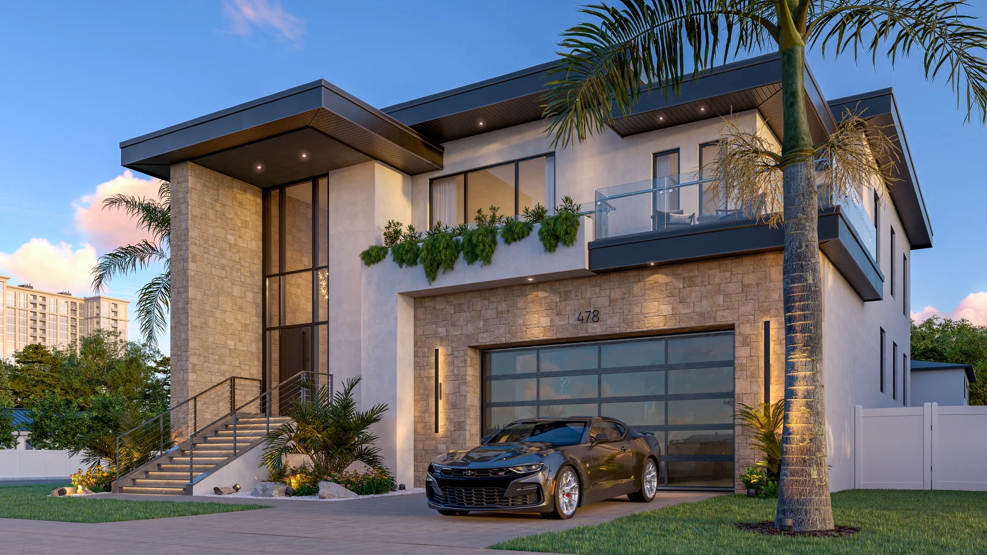 Layered Canopy Residence — angled front view at dusk with glass garage door and stone cladding