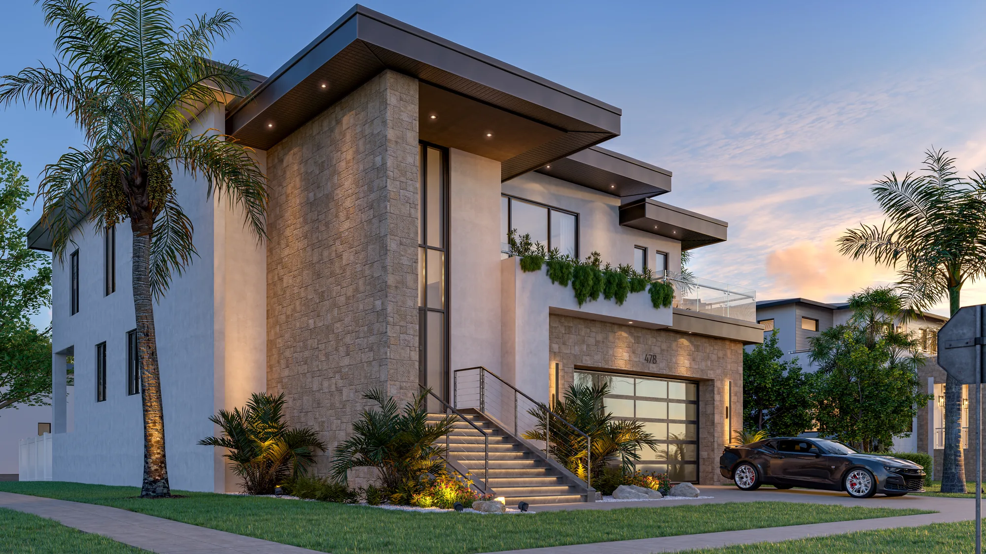 Layered Canopy Residence — corner view with stone entry tower and sunset sky