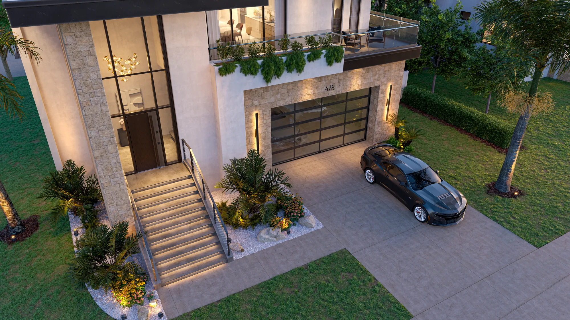 Layered Canopy Residence — elevated view of the entry stairs, landscaping and driveway