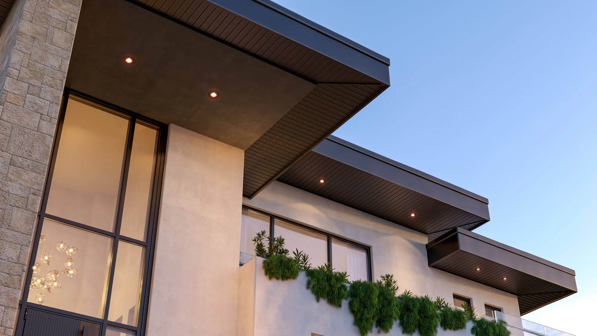 Layered Canopy Residence — close-up of the roof canopies with recessed soffit lights