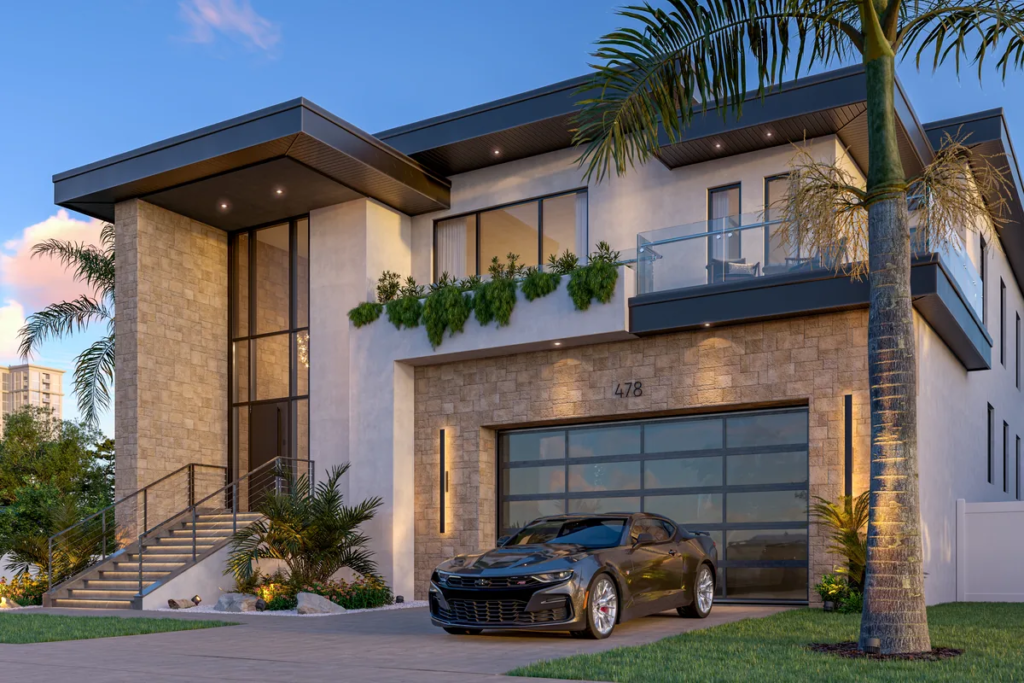 Layered Canopy Residence — angled front view at dusk with glass garage door and stone cladding