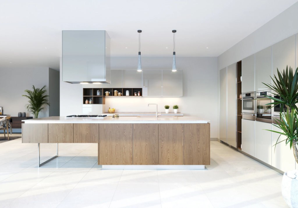 Modern Glass Kitchen — front view of wood island, white cabinets and two pendant lights