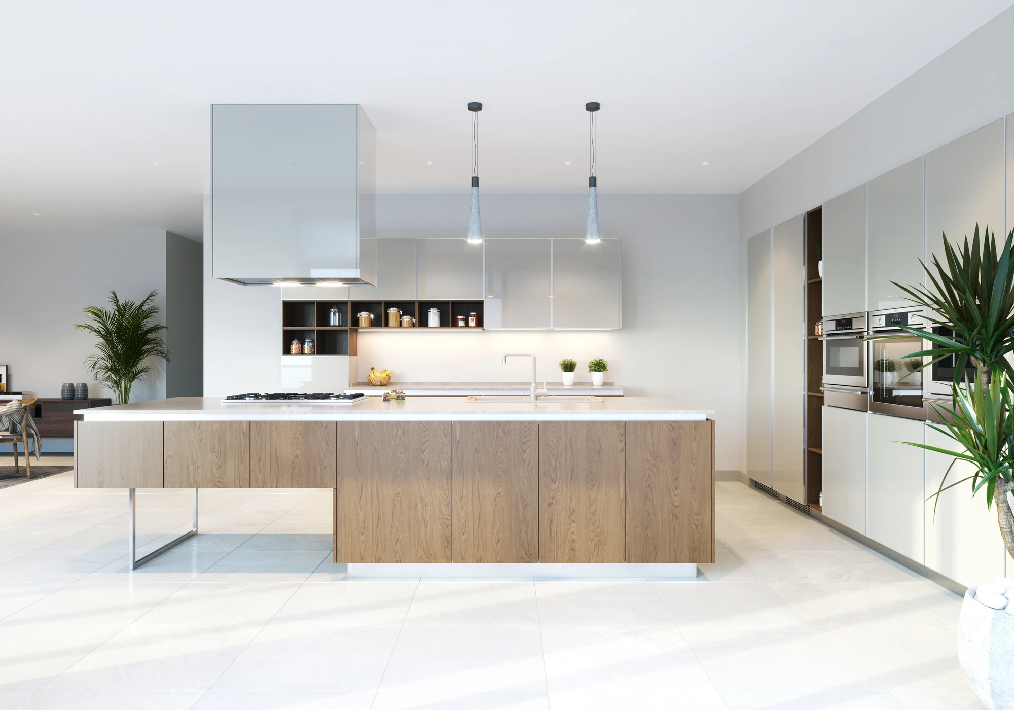 Modern Glass Kitchen — front view of wood island, white cabinets and two pendant lights