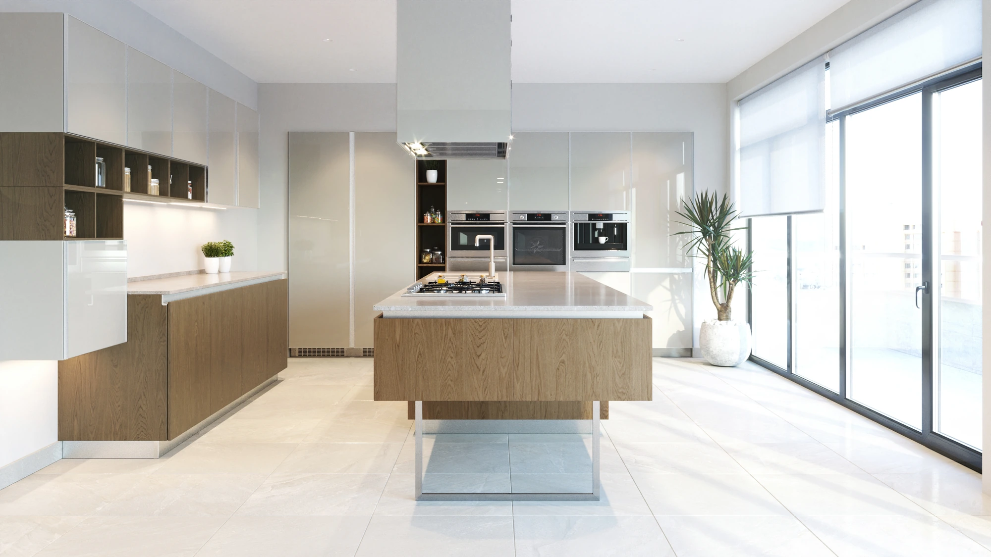 Modern Glass Kitchen — end view along wood island toward appliances and full-height windows