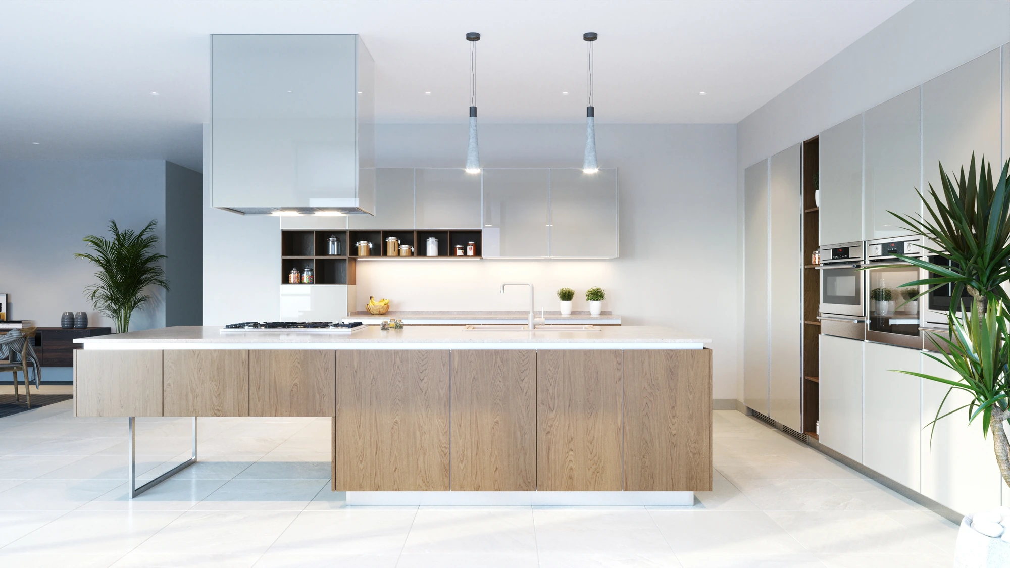 Modern Glass Kitchen — wide front view of wood island with pendant lights and potted plants
