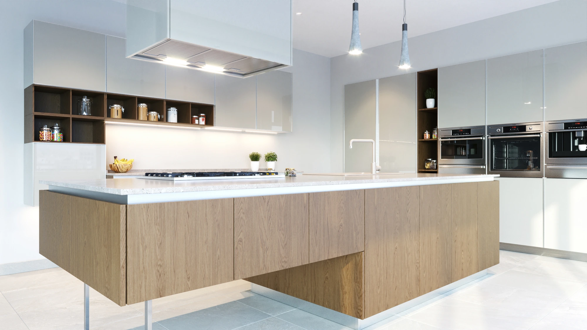 Modern Glass Kitchen — close angled view of wood island, white hood and integrated ovens