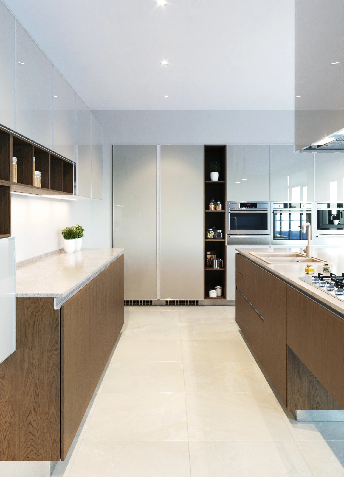 Modern Glass Kitchen — aisle between wood cabinets and island facing white pantry wall