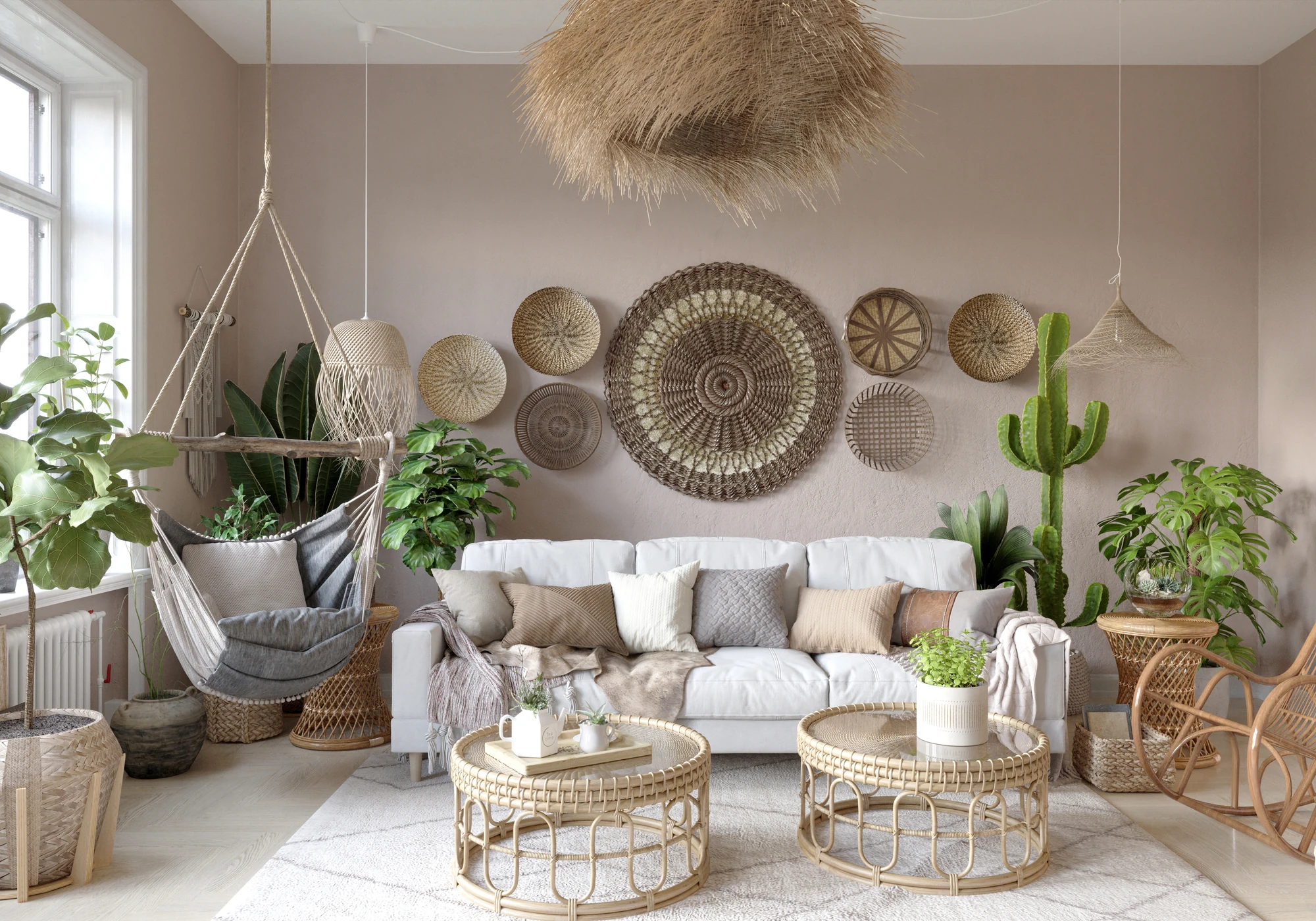 Natural Boho Living — daylit living room with white sofa, hanging chair and woven tables