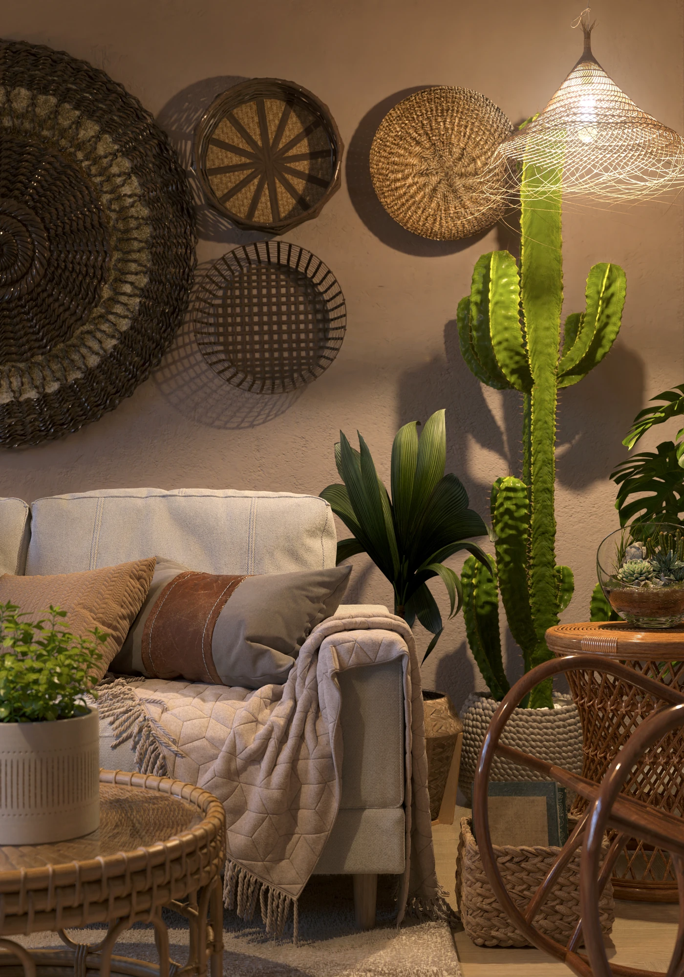 Natural Boho Living — white sofa and cactus beneath a pendant light at night
