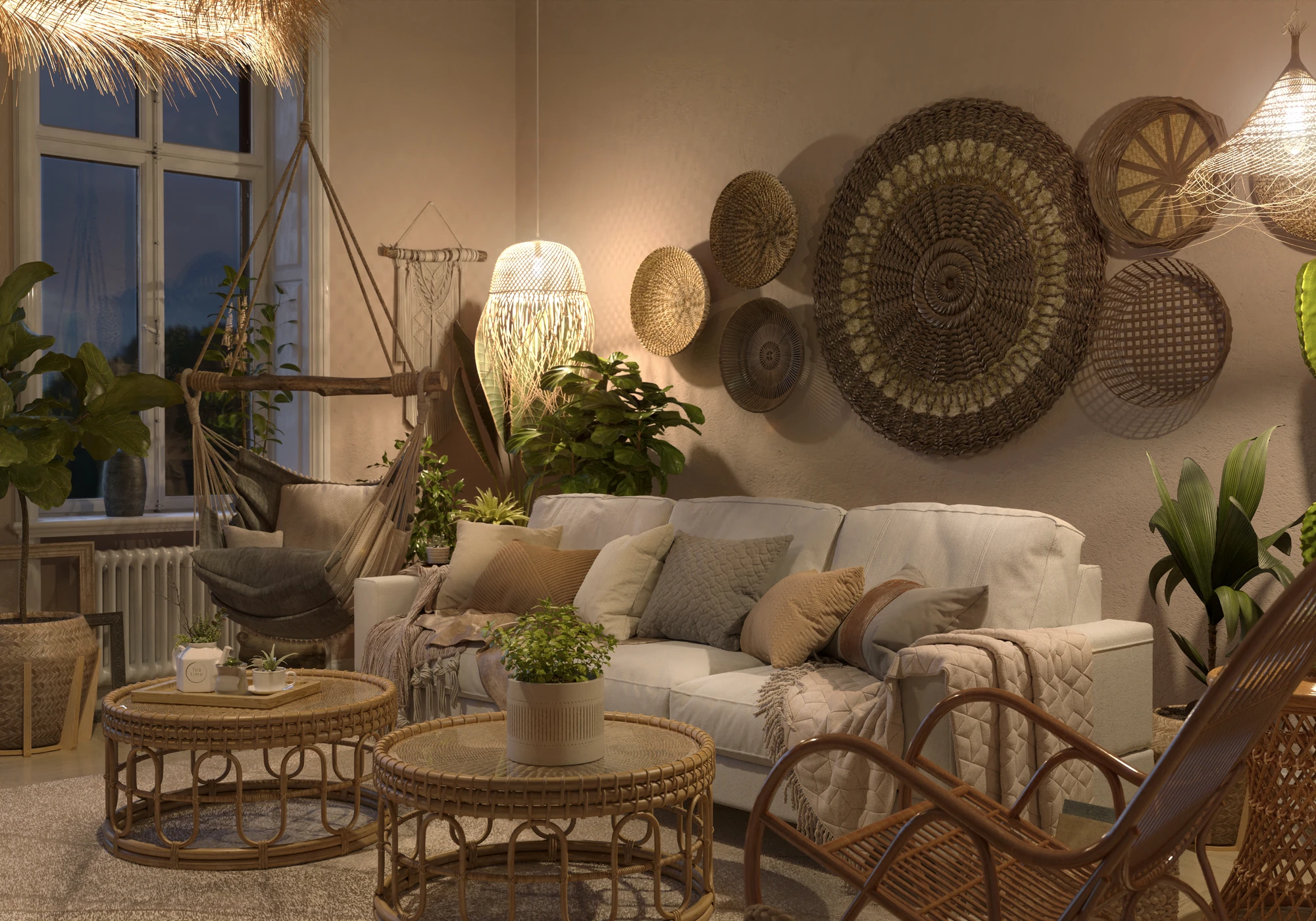 Natural Boho Living — living room with white sofa and woven furniture at night