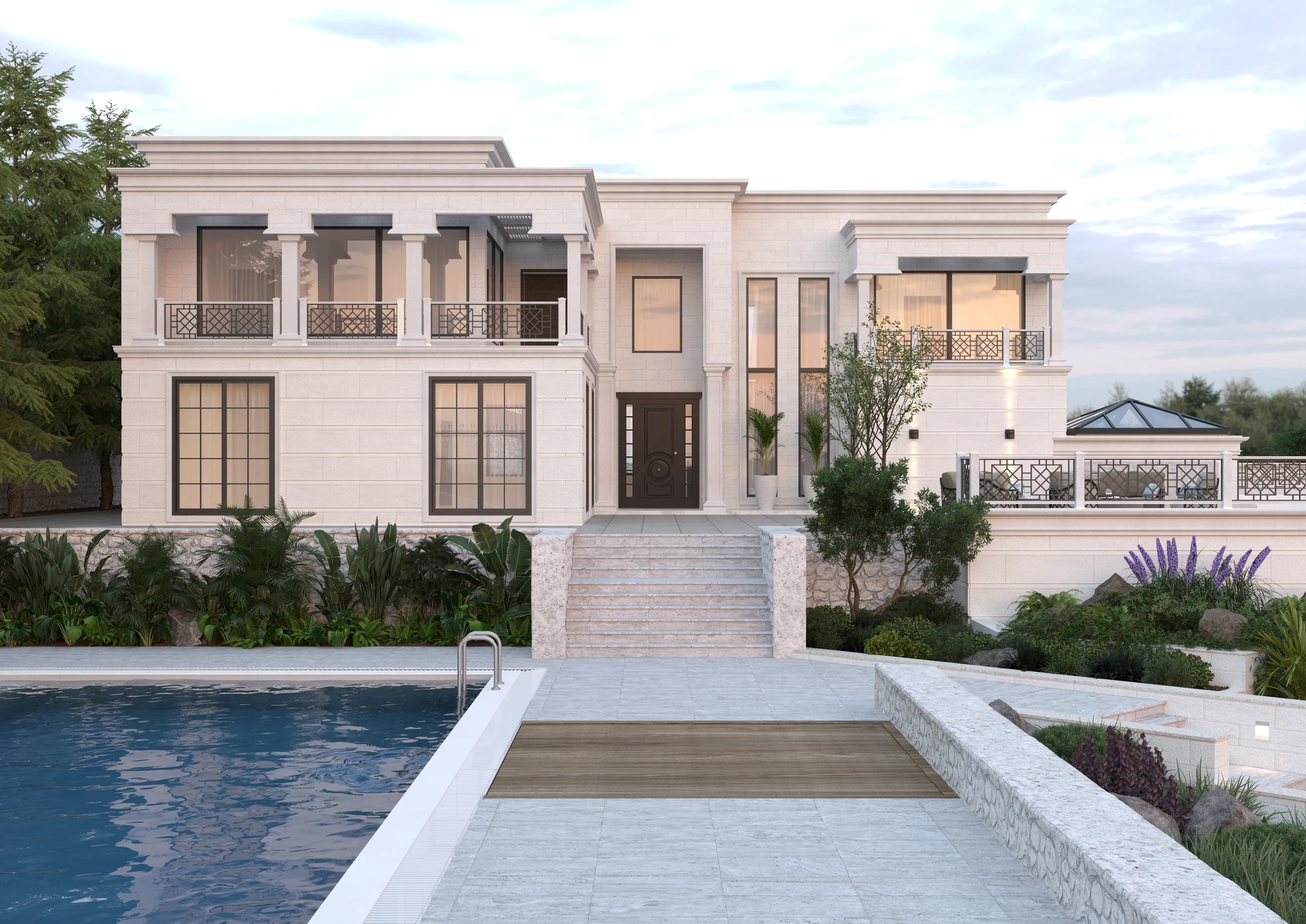Neoclassical Villa & Pool — front facade across pool terrace and broad entrance steps