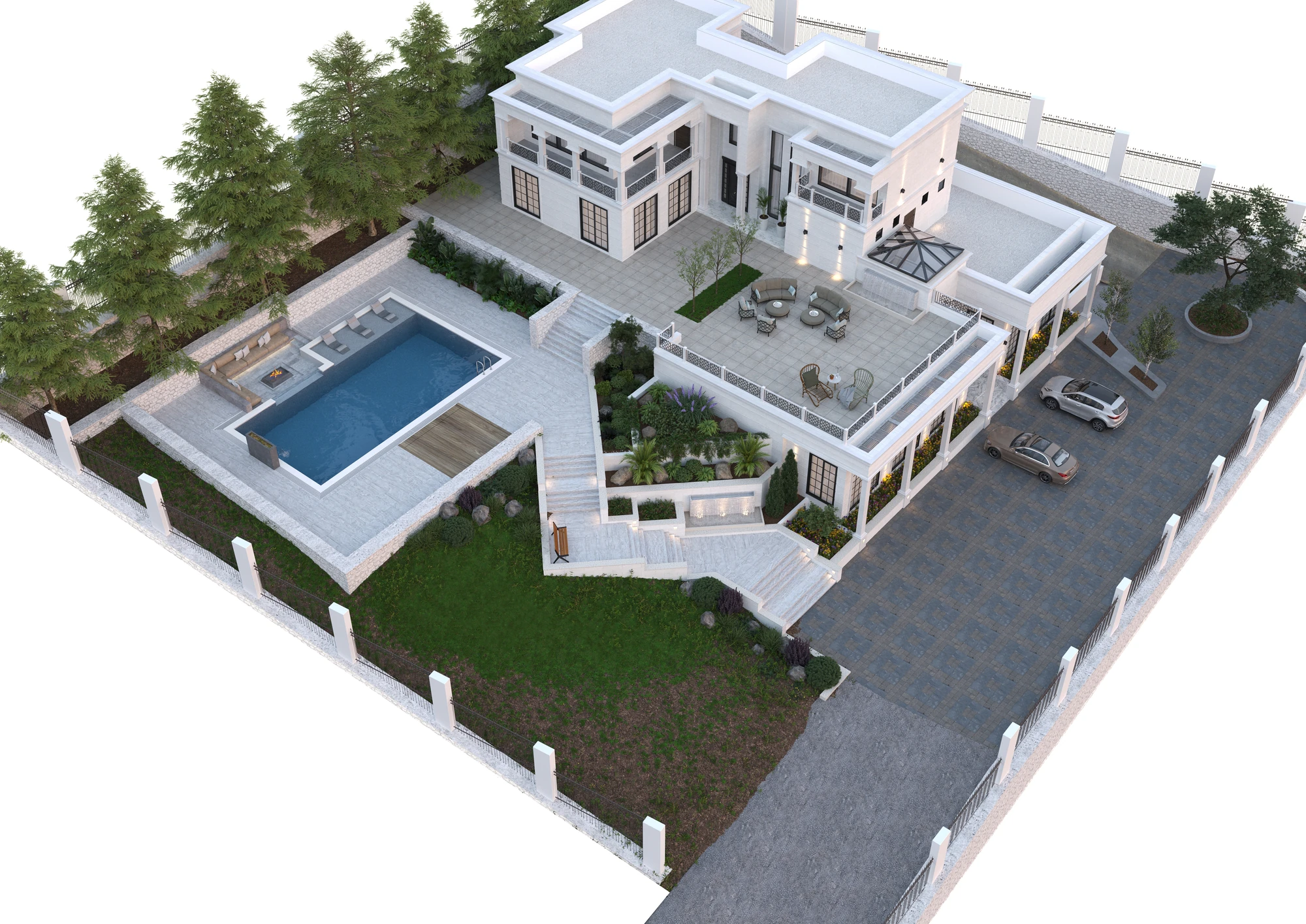 Neoclassical Villa & Pool — aerial view of villa, swimming pool and landscaped grounds