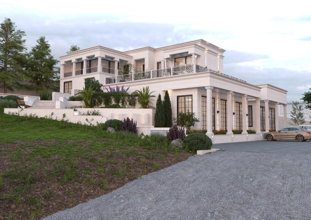 Neoclassical Villa & Pool — angled facade view with balconies, landscaped slope and driveway
