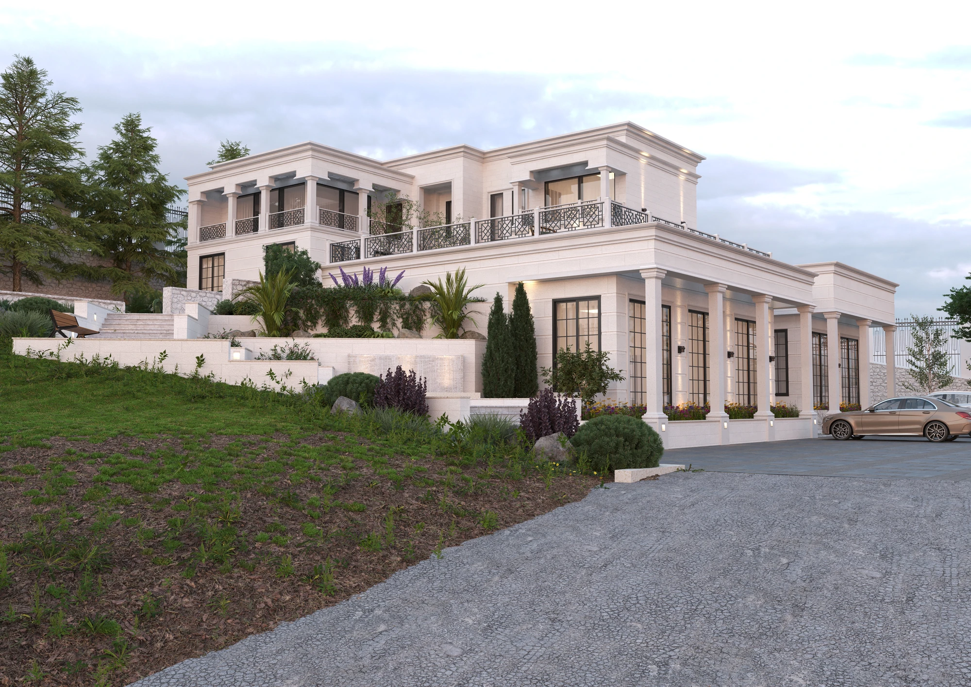 Neoclassical Villa & Pool — angled facade view with balconies, landscaped slope and driveway