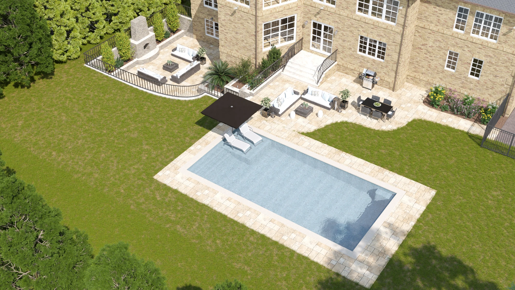 Pool & Terrace Extension — aerial view of pool, lawn and furnished terraces in daylight