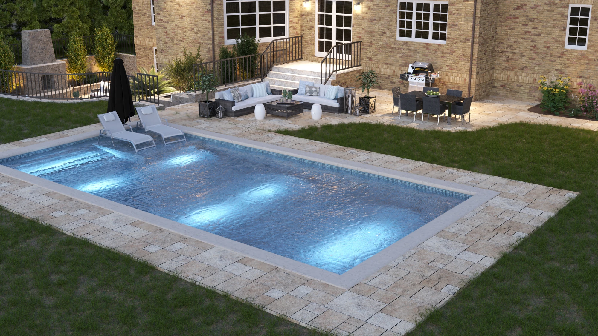Pool & Terrace Extension — elevated view of illuminated pool and furnished terrace at dusk