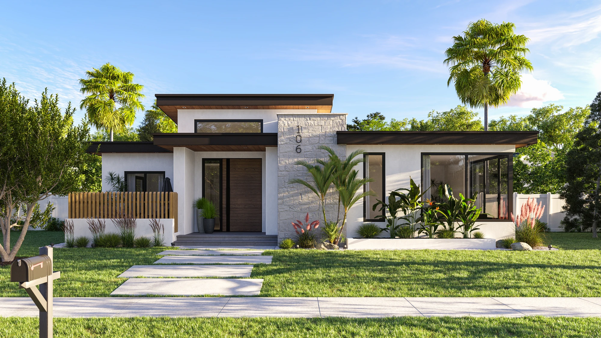 Stone Entry Residence — front facade with stone entrance column and landscaped lawn