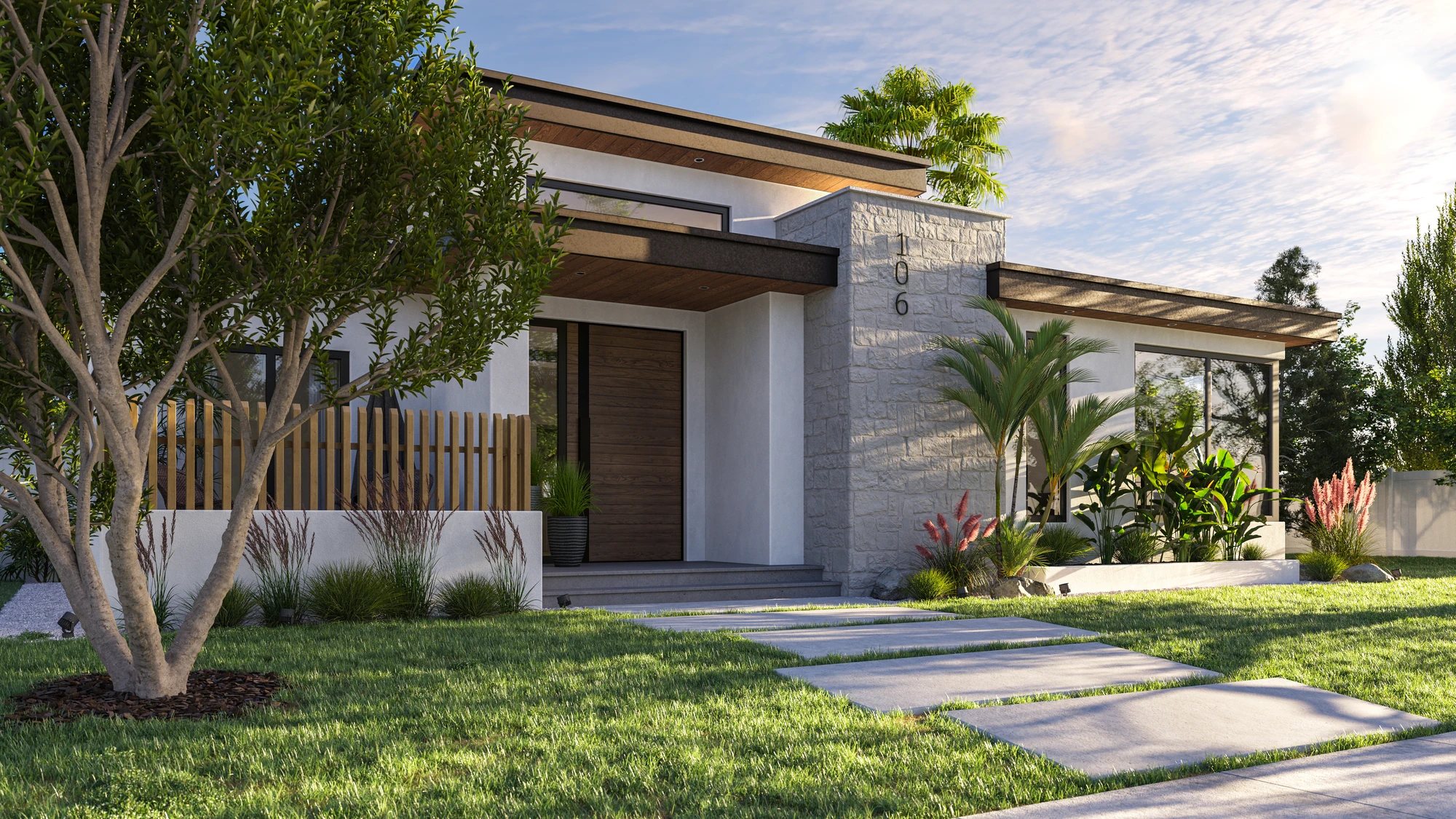 Stone Entry Residence — angled entrance view with stone column and timber details