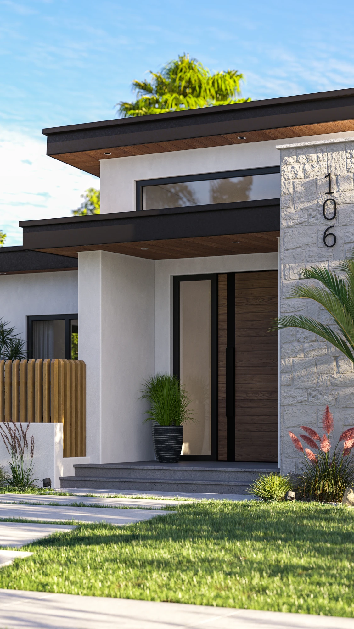 Stone Entry Residence — portrait entrance view with stone column and timber door