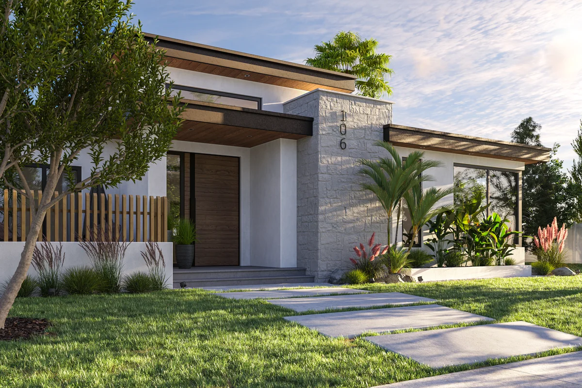 Stone Entry Residence — angled entrance view with stone column and timber details