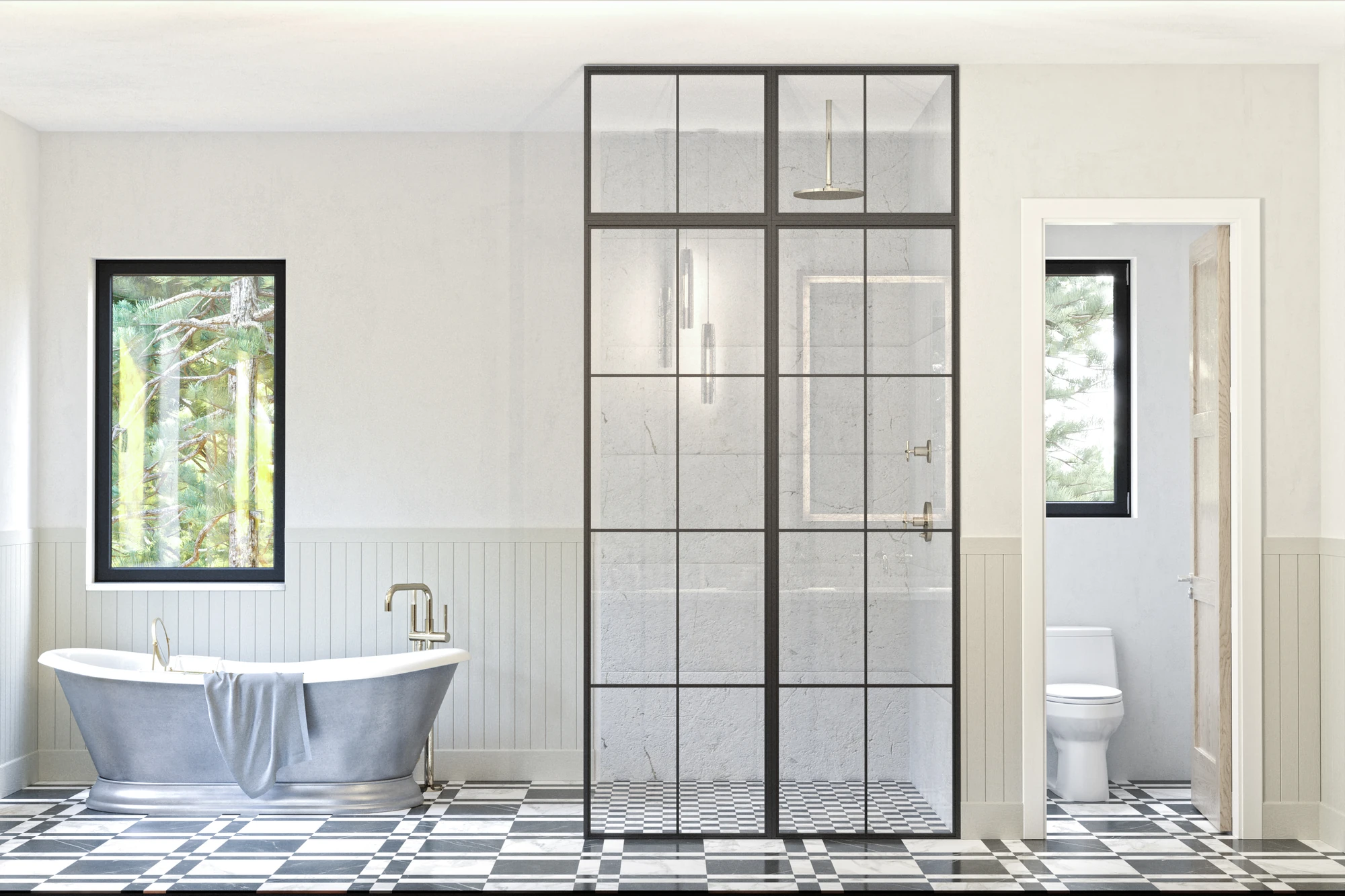 Stone & Timber Residence — bathroom with freestanding tub and black-framed shower screen